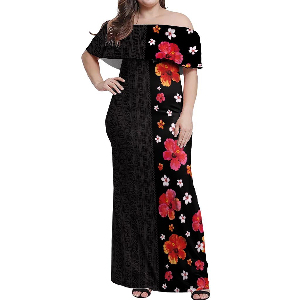 Hawaii Hibiscus and Plumeria Flowers Off Shoulder Maxi Dress Tapa Tribal Pattern Half Style Colorful Mode LT03 Women Black - Polynesian Pride
