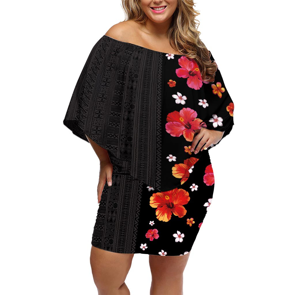 Hawaii Hibiscus and Plumeria Flowers Off Shoulder Short Dress Tapa Tribal Pattern Half Style Colorful Mode LT03 Women Black - Polynesian Pride