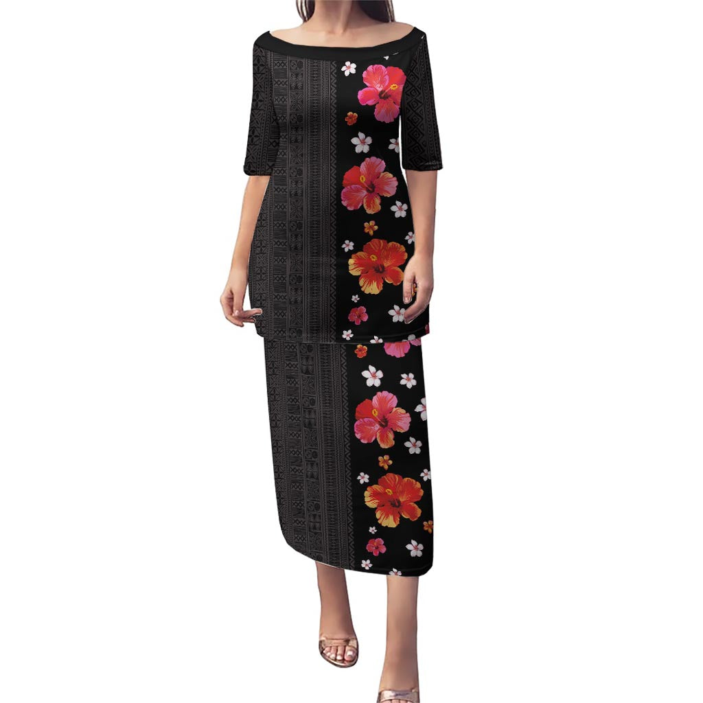 Hawaii Hibiscus and Plumeria Flowers Puletasi Tapa Tribal Pattern Half Style Colorful Mode LT03 Long Dress Black - Polynesian Pride