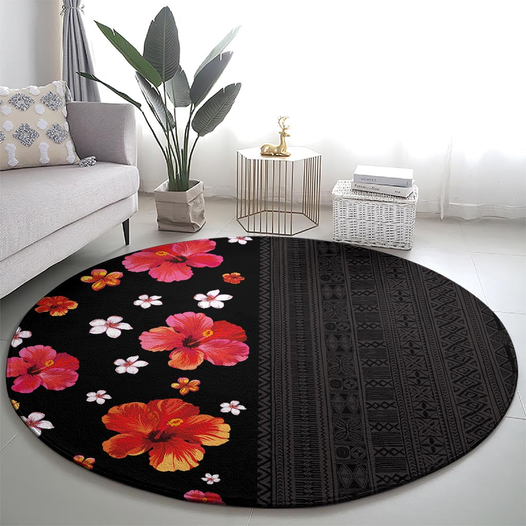 Hawaii Hibiscus and Plumeria Flowers Round Carpet Tapa Tribal Pattern Half Style Colorful Mode