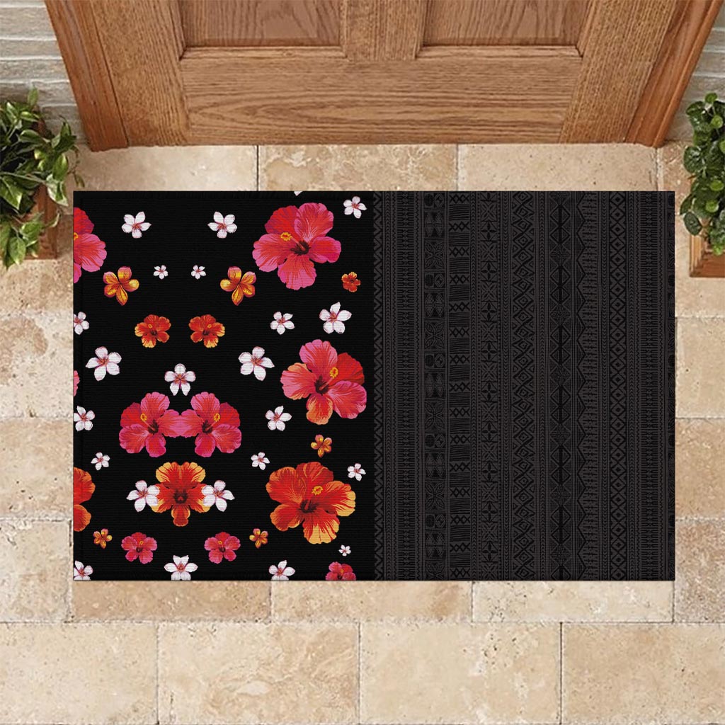Hawaii Hibiscus and Plumeria Flowers Rubber Doormat Tapa Tribal Pattern Half Style Colorful Mode LT03 Black - Polynesian Pride