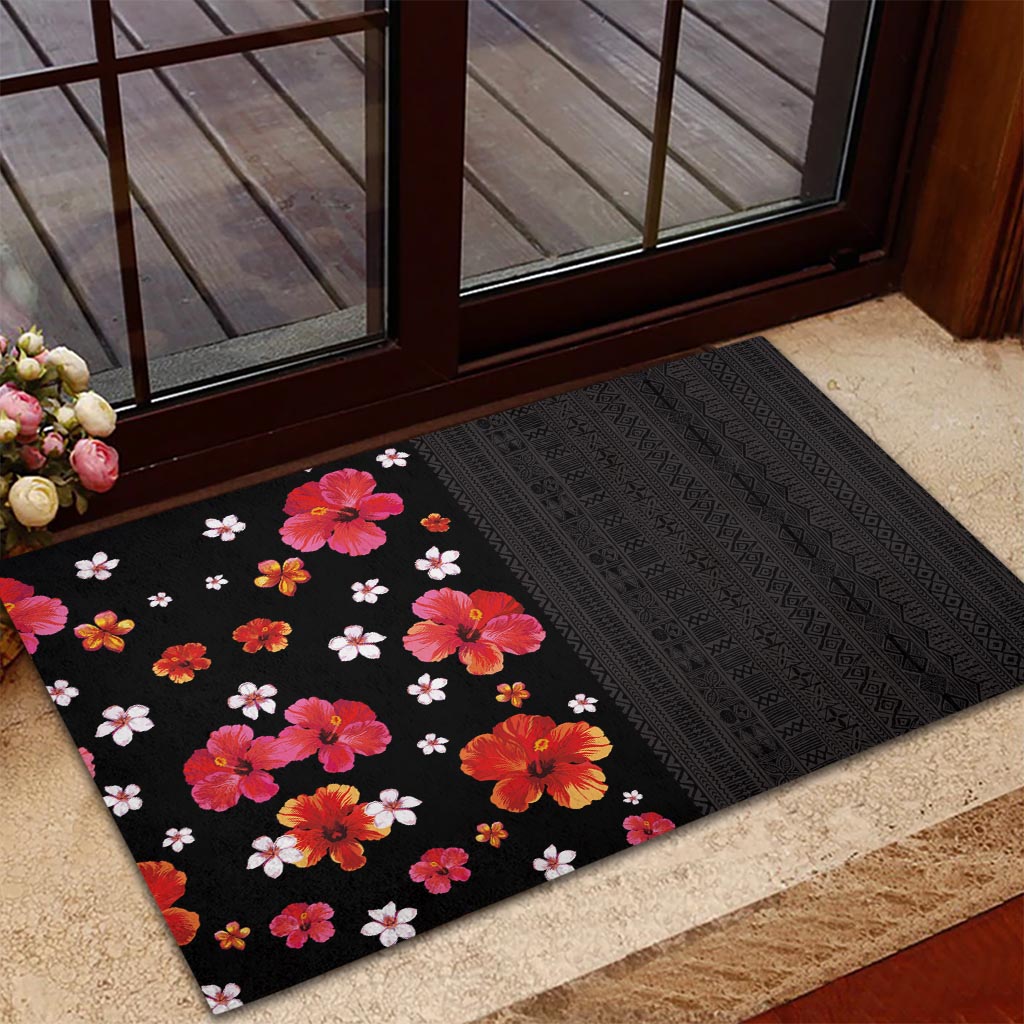 Hawaii Hibiscus and Plumeria Flowers Rubber Doormat Tapa Tribal Pattern Half Style Colorful Mode LT03 - Polynesian Pride