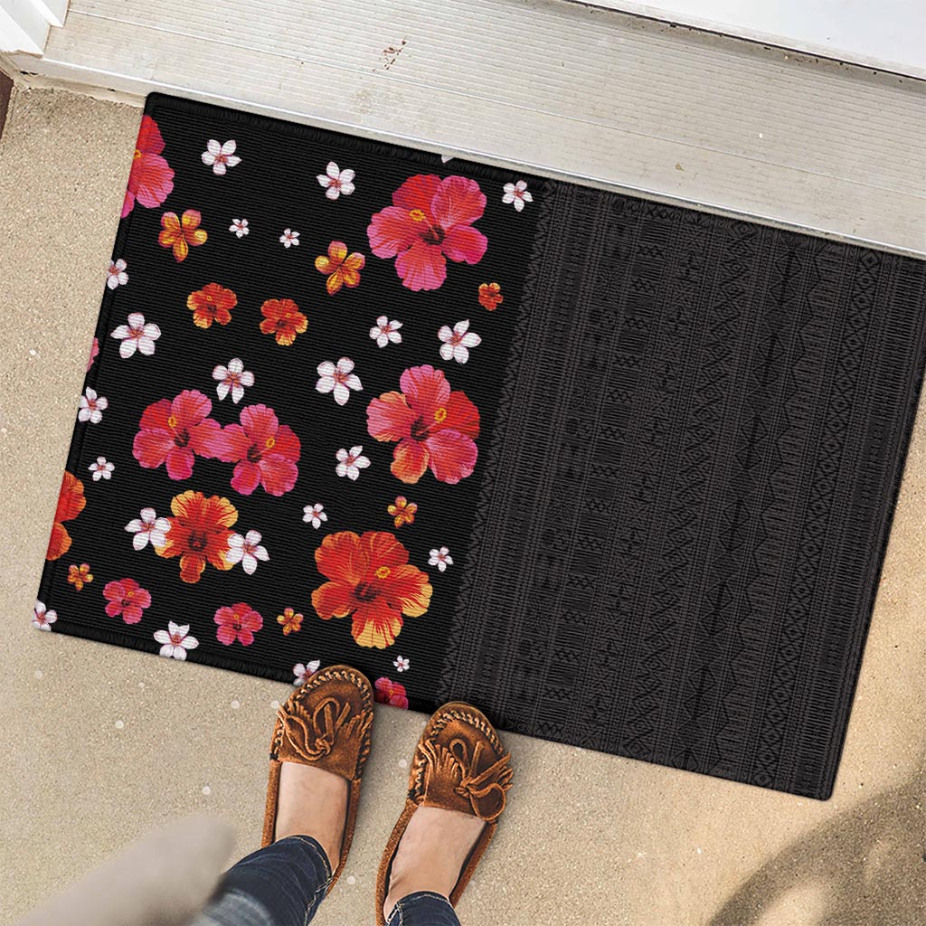Hawaii Hibiscus and Plumeria Flowers Rubber Doormat Tapa Tribal Pattern Half Style Colorful Mode LT03 - Polynesian Pride
