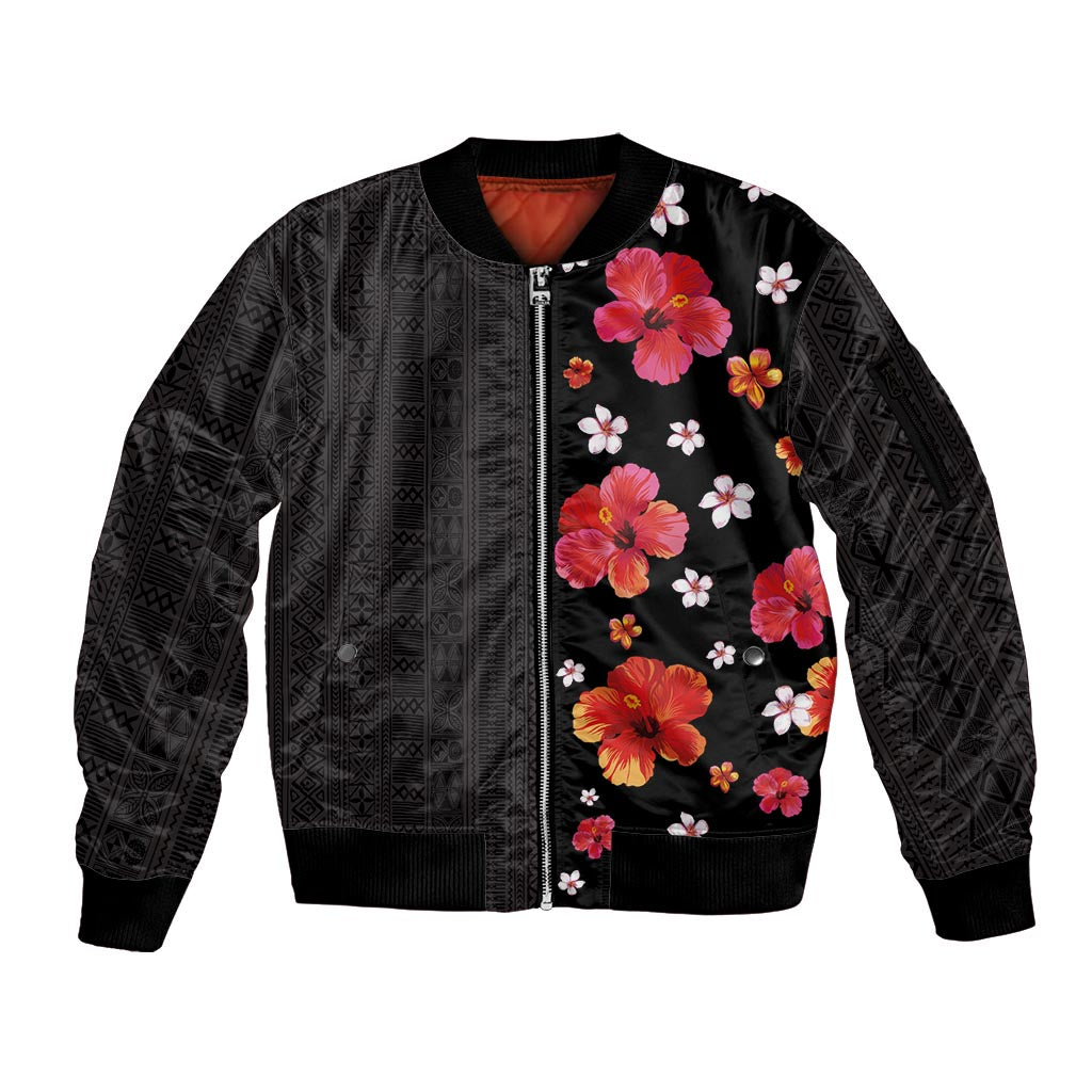 Hawaii Hibiscus and Plumeria Flowers Sleeve Zip Bomber Jacket Tapa Tribal Pattern Half Style Colorful Mode LT03 Unisex Black - Polynesian Pride