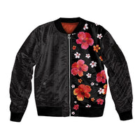 Hawaii Hibiscus and Plumeria Flowers Sleeve Zip Bomber Jacket Tapa Tribal Pattern Half Style Colorful Mode LT03 Unisex Black - Polynesian Pride