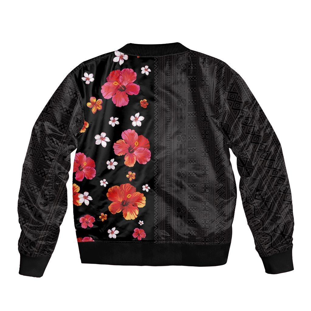 Hawaii Hibiscus and Plumeria Flowers Sleeve Zip Bomber Jacket Tapa Tribal Pattern Half Style Colorful Mode LT03 - Polynesian Pride