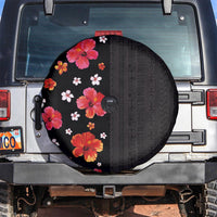 Hawaii Hibiscus and Plumeria Flowers Spare Tire Cover Tapa Tribal Pattern Half Style Colorful Mode LT03 Black - Polynesian Pride