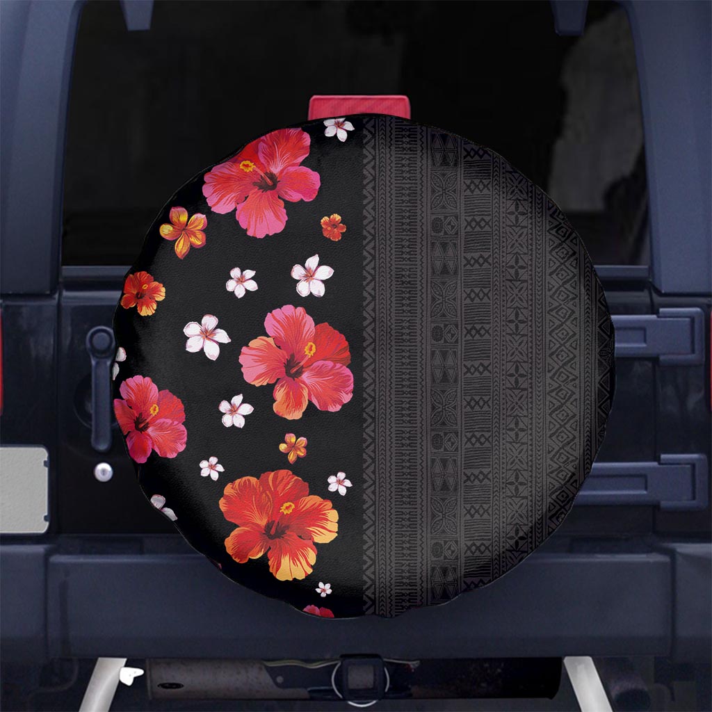 Hawaii Hibiscus and Plumeria Flowers Spare Tire Cover Tapa Tribal Pattern Half Style Colorful Mode LT03 - Polynesian Pride