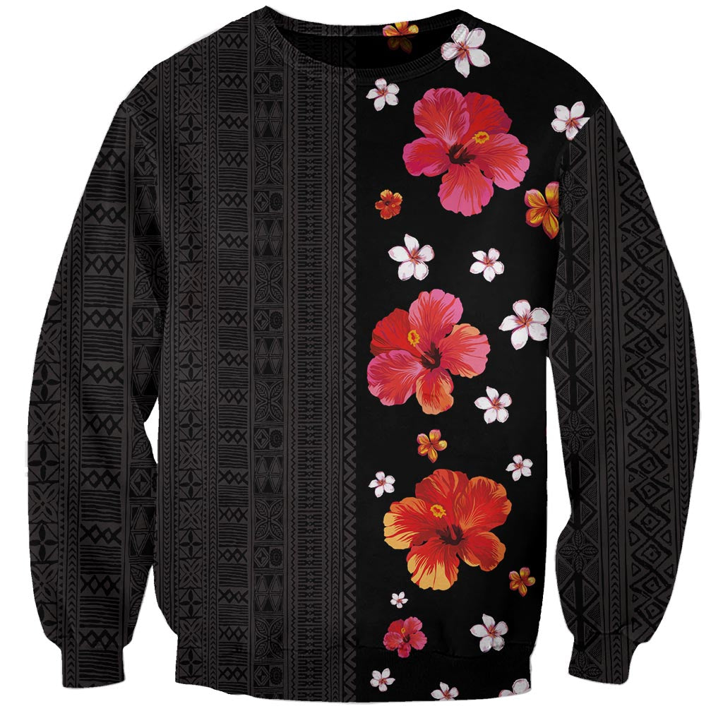 Hawaii Hibiscus and Plumeria Flowers Sweatshirt Tapa Tribal Pattern Half Style Colorful Mode LT03 Unisex Black - Polynesian Pride