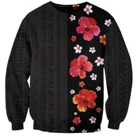 Hawaii Hibiscus and Plumeria Flowers Sweatshirt Tapa Tribal Pattern Half Style Colorful Mode LT03 Unisex Black - Polynesian Pride