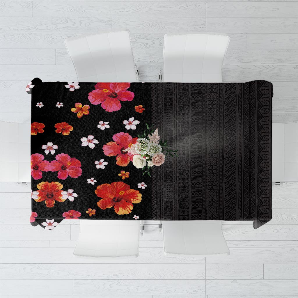 Hawaii Hibiscus and Plumeria Flowers Tablecloth Tapa Tribal Pattern Half Style Colorful Mode LT03 Black - Polynesian Pride