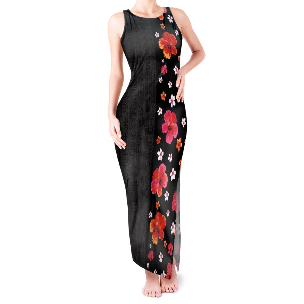 Hawaii Hibiscus and Plumeria Flowers Tank Maxi Dress Tapa Tribal Pattern Half Style Colorful Mode