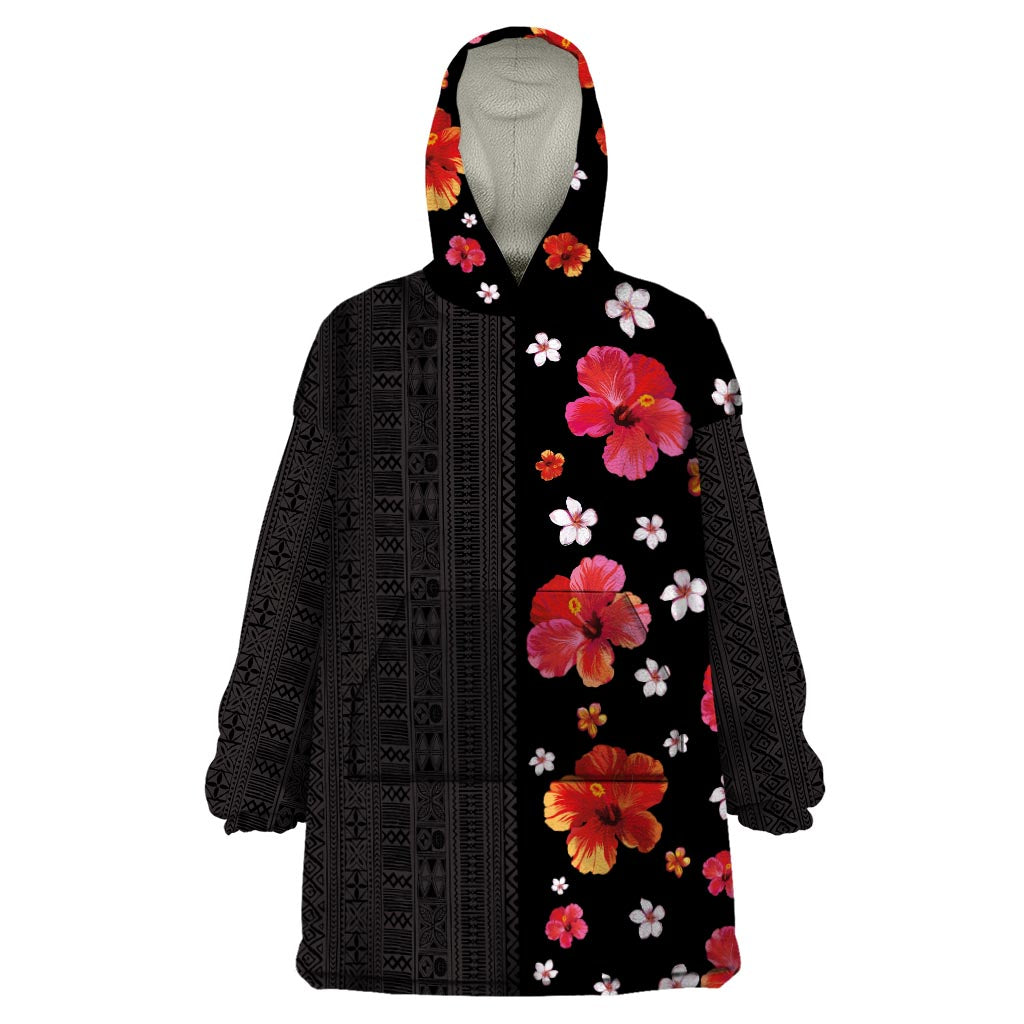 Hawaii Hibiscus and Plumeria Flowers Wearable Blanket Hoodie Tapa Tribal Pattern Half Style Colorful Mode LT03 One Size Black - Polynesian Pride
