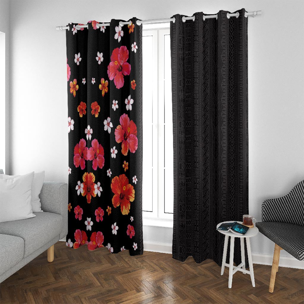 Hawaii Hibiscus and Plumeria Flowers Window Curtain Tapa Tribal Pattern Half Style Colorful Mode LT03 With Grommets Black - Polynesian Pride