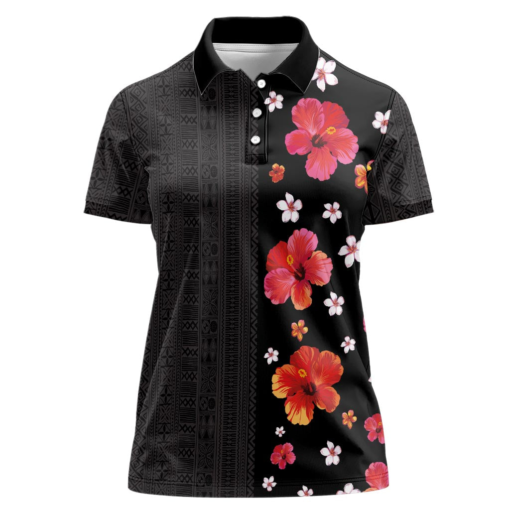 Hawaii Hibiscus and Plumeria Flowers Women Polo Shirt Tapa Tribal Pattern Half Style Colorful Mode LT03 Female Black - Polynesian Pride
