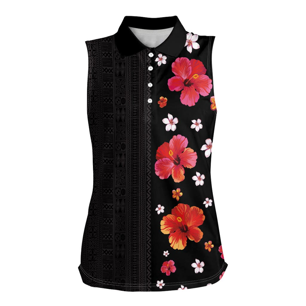 Hawaii Hibiscus and Plumeria Flowers Women Sleeveless Polo Shirt Tapa Tribal Pattern Half Style Colorful Mode