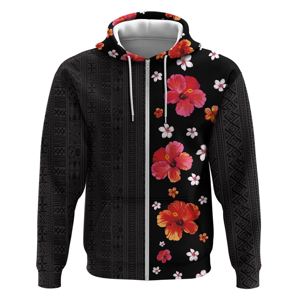 Hawaii Hibiscus and Plumeria Flowers Zip Hoodie Tapa Tribal Pattern Half Style Colorful Mode