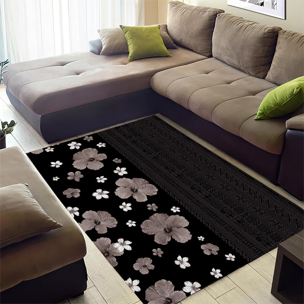 Hawaii Hibiscus and Plumeria Flowers Area Rug Tapa Tribal Pattern Half Style Grayscale Mode