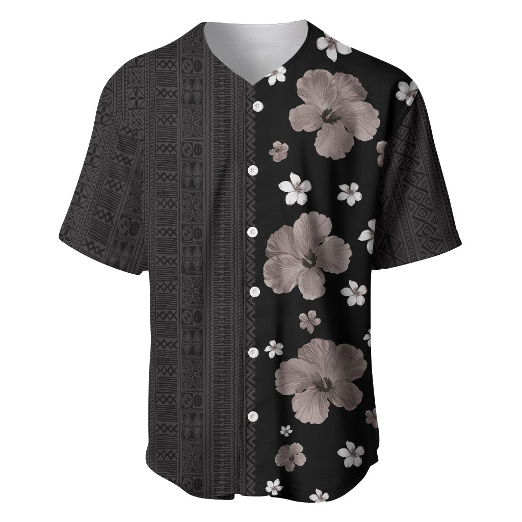 Hawaii Hibiscus and Plumeria Flowers Baseball Jersey Tapa Tribal Pattern Half Style Grayscale Mode