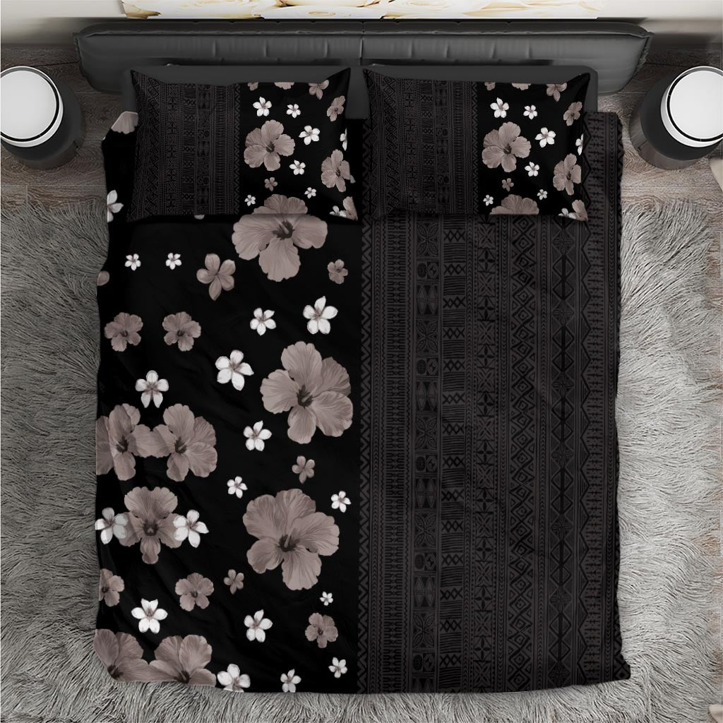 Hawaii Hibiscus and Plumeria Flowers Bedding Set Tapa Tribal Pattern Half Style Grayscale Mode LT03 Black - Polynesian Pride