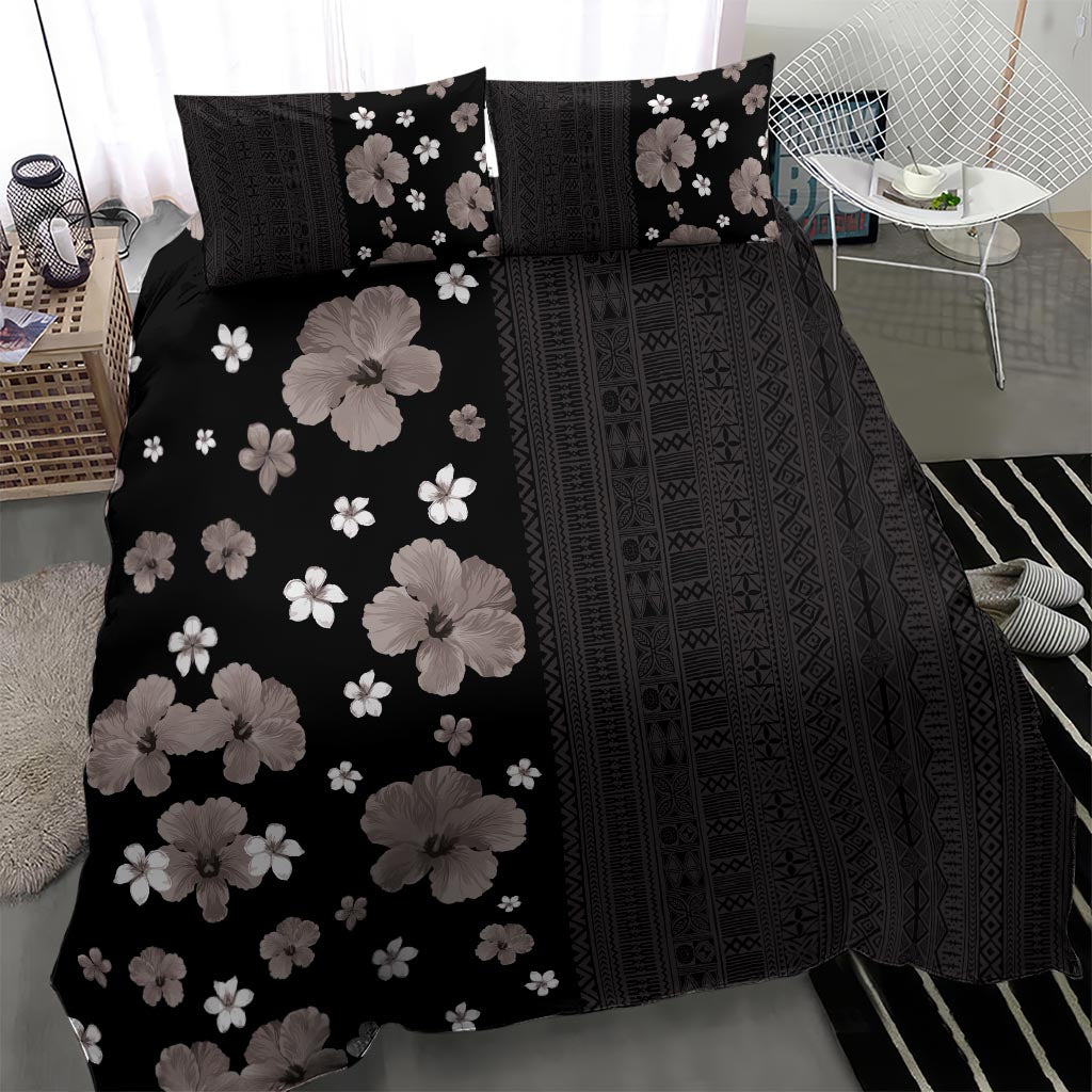 Hawaii Hibiscus and Plumeria Flowers Bedding Set Tapa Tribal Pattern Half Style Grayscale Mode LT03 - Polynesian Pride