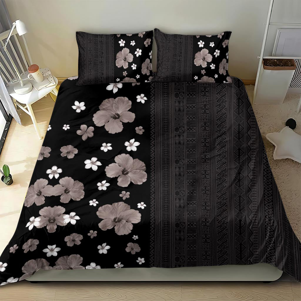 Hawaii Hibiscus and Plumeria Flowers Bedding Set Tapa Tribal Pattern Half Style Grayscale Mode LT03 - Polynesian Pride