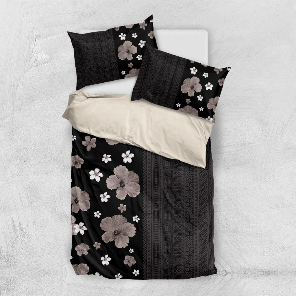 Hawaii Hibiscus and Plumeria Flowers Bedding Set Tapa Tribal Pattern Half Style Grayscale Mode LT03 US Twin 172cm x 218cm Black - Polynesian Pride