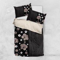 Hawaii Hibiscus and Plumeria Flowers Bedding Set Tapa Tribal Pattern Half Style Grayscale Mode LT03 US Twin 172cm x 218cm Black - Polynesian Pride