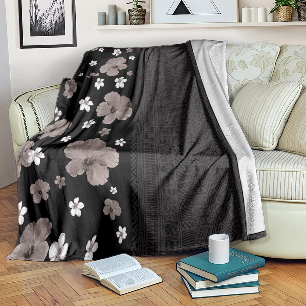 Hawaii Hibiscus and Plumeria Flowers Blanket Tapa Tribal Pattern Half Style Grayscale Mode