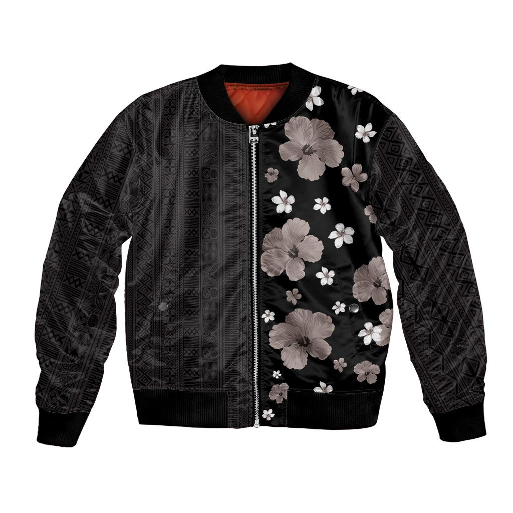 Hawaii Hibiscus and Plumeria Flowers Bomber Jacket Tapa Tribal Pattern Half Style Grayscale Mode LT03 Unisex Black - Polynesian Pride