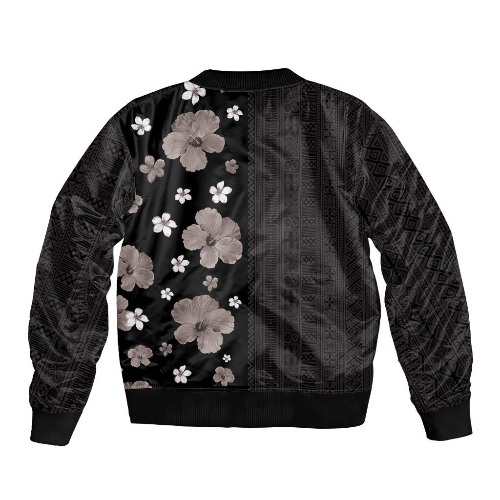 Hawaii Hibiscus and Plumeria Flowers Bomber Jacket Tapa Tribal Pattern Half Style Grayscale Mode LT03 - Polynesian Pride