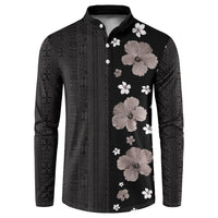 Hawaii Hibiscus and Plumeria Flowers Button Sweatshirt Tapa Tribal Pattern Half Style Grayscale Mode LT03 Black - Polynesian Pride