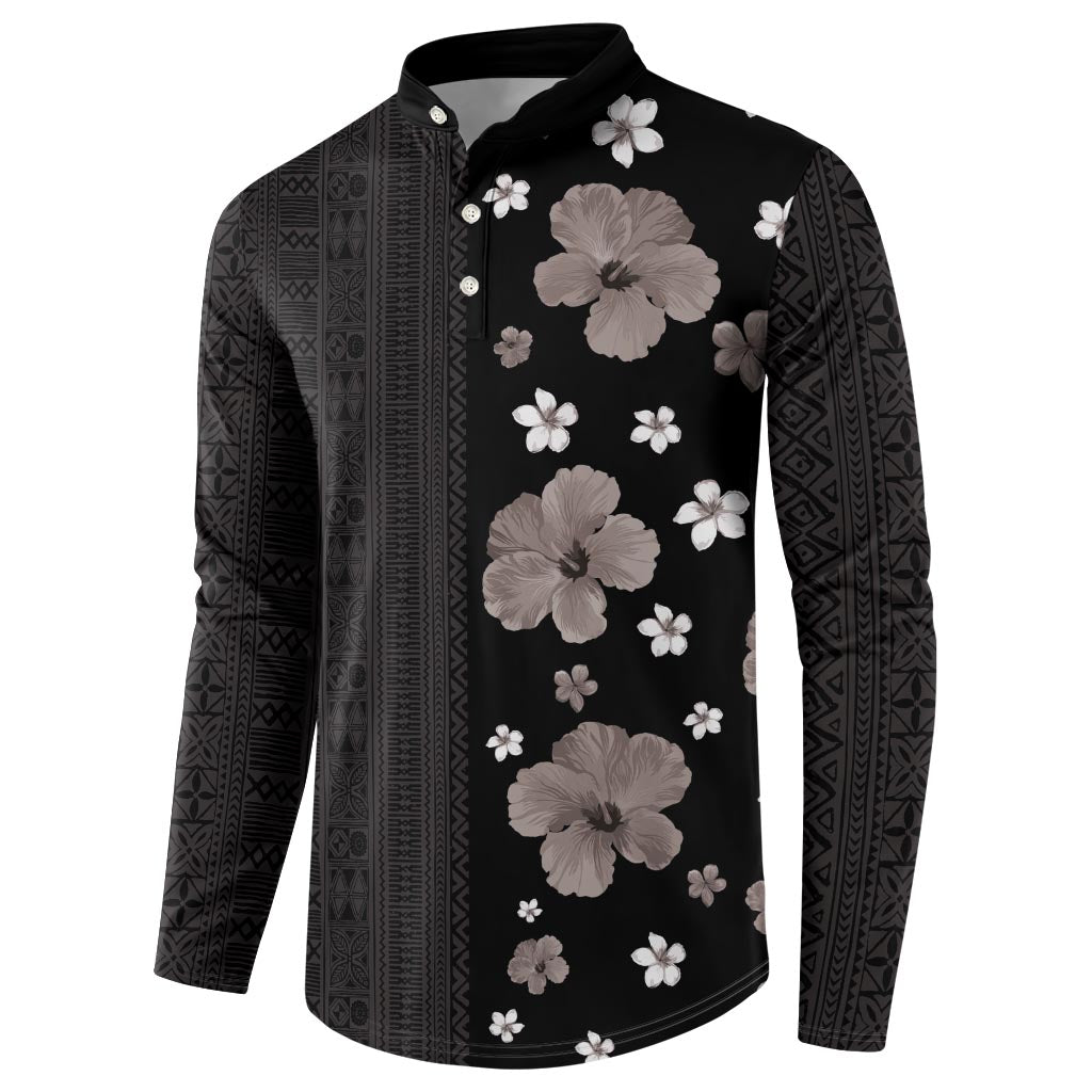 Hawaii Hibiscus and Plumeria Flowers Button Sweatshirt Tapa Tribal Pattern Half Style Grayscale Mode LT03 - Polynesian Pride