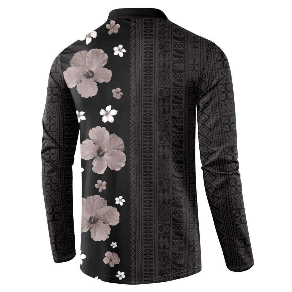 Hawaii Hibiscus and Plumeria Flowers Button Sweatshirt Tapa Tribal Pattern Half Style Grayscale Mode LT03 - Polynesian Pride