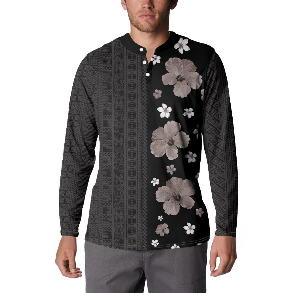 Hawaii Hibiscus and Plumeria Flowers Button Sweatshirt Tapa Tribal Pattern Half Style Grayscale Mode LT03 - Polynesian Pride