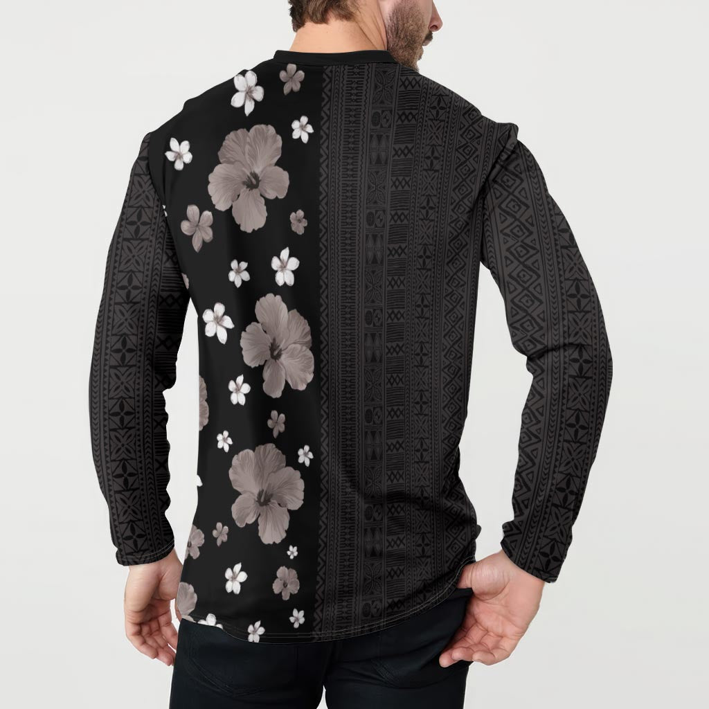 Hawaii Hibiscus and Plumeria Flowers Button Sweatshirt Tapa Tribal Pattern Half Style Grayscale Mode LT03 - Polynesian Pride