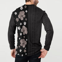 Hawaii Hibiscus and Plumeria Flowers Button Sweatshirt Tapa Tribal Pattern Half Style Grayscale Mode LT03 - Polynesian Pride