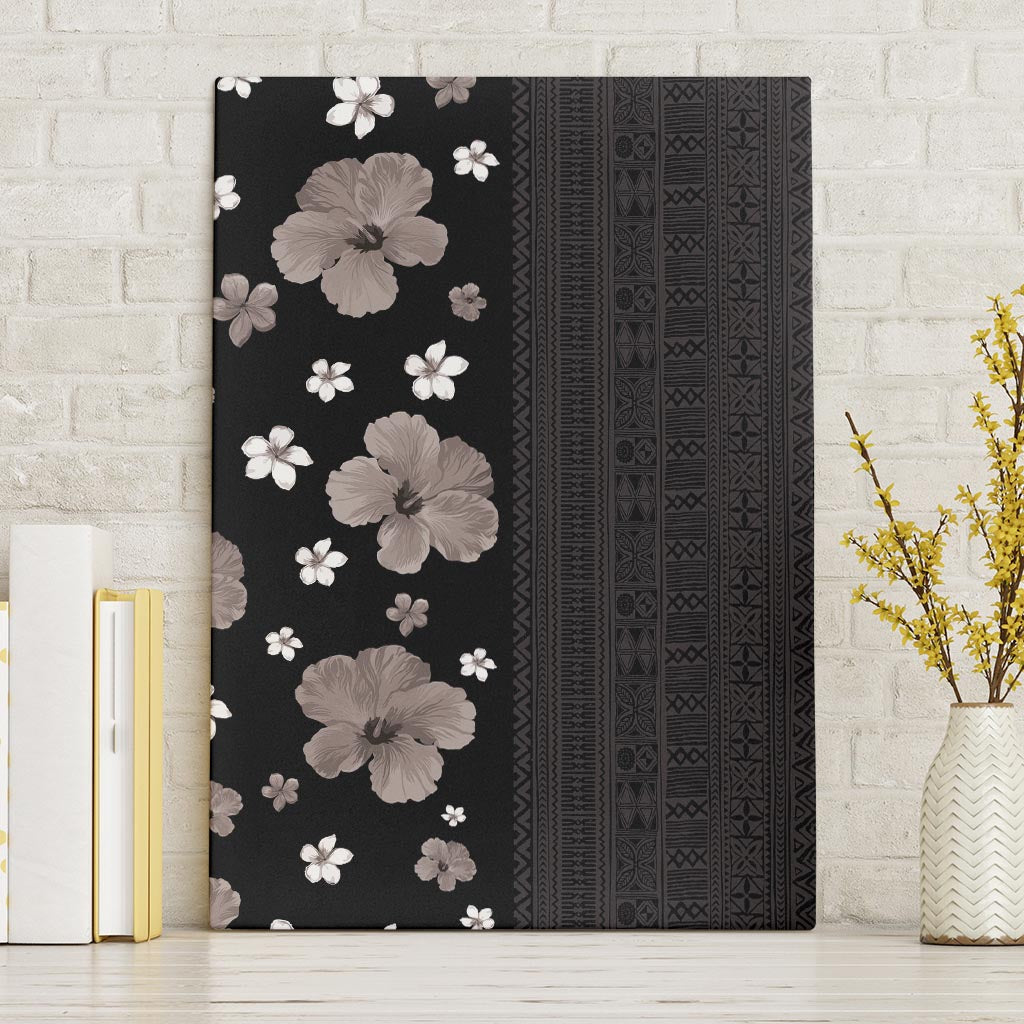 Hawaii Hibiscus and Plumeria Flowers Canvas Wall Art Tapa Tribal Pattern Half Style Grayscale Mode LT03 Without Frame Black - Polynesian Pride