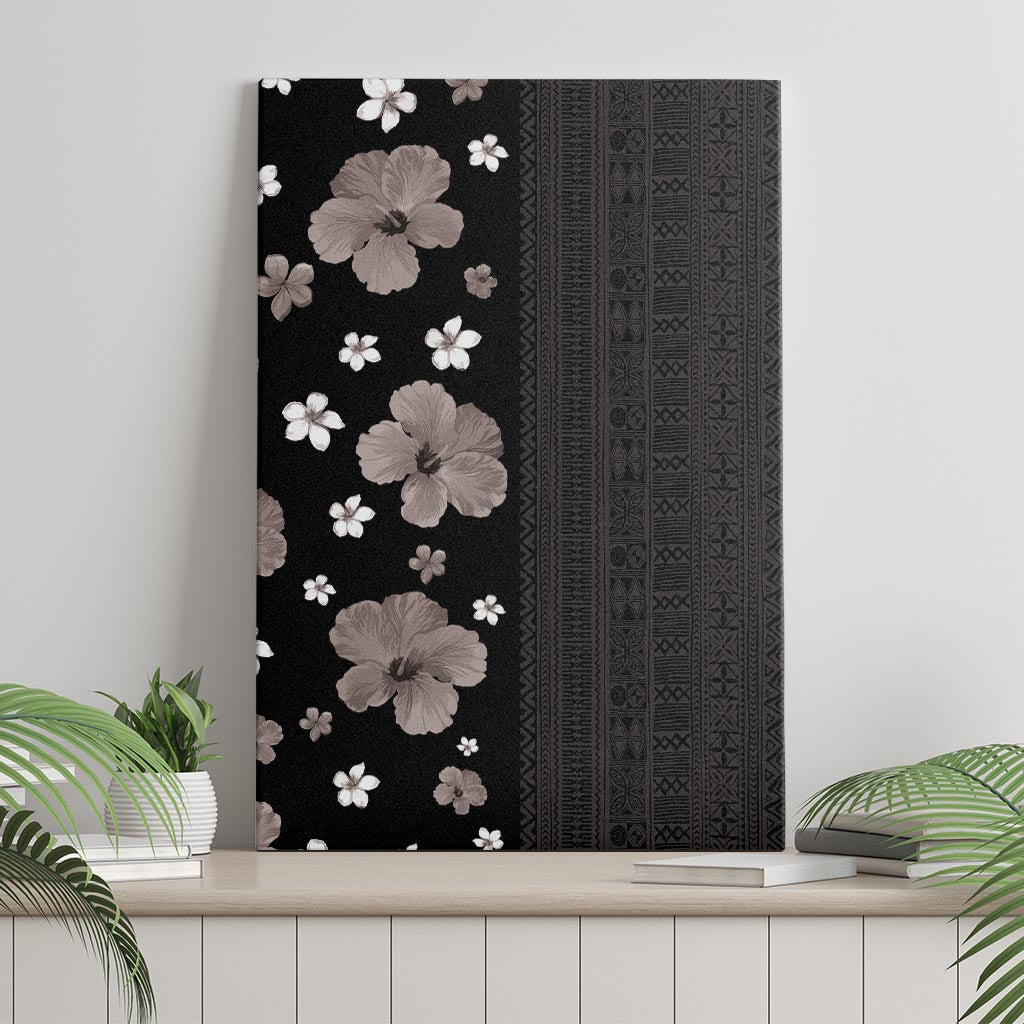 Hawaii Hibiscus and Plumeria Flowers Canvas Wall Art Tapa Tribal Pattern Half Style Grayscale Mode LT03 - Polynesian Pride