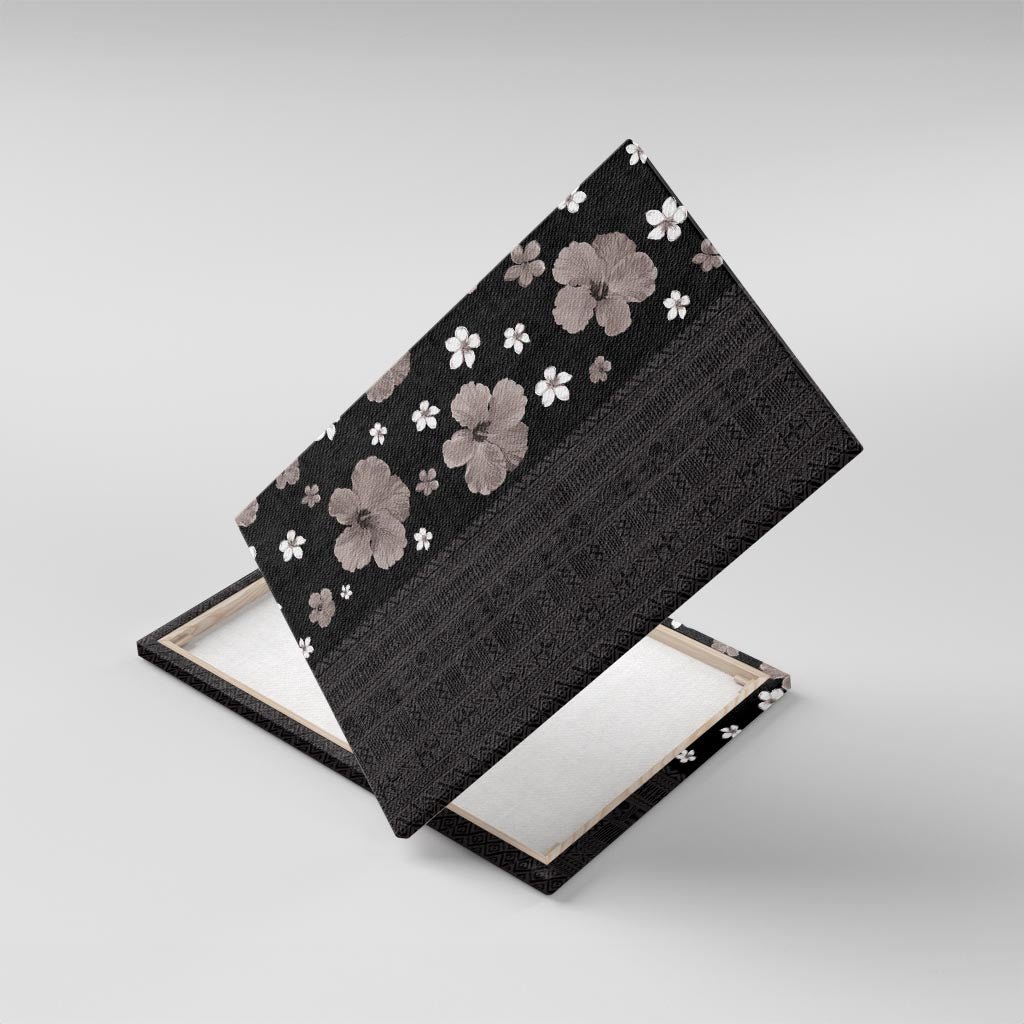 Hawaii Hibiscus and Plumeria Flowers Canvas Wall Art Tapa Tribal Pattern Half Style Grayscale Mode LT03 With Frame Black - Polynesian Pride