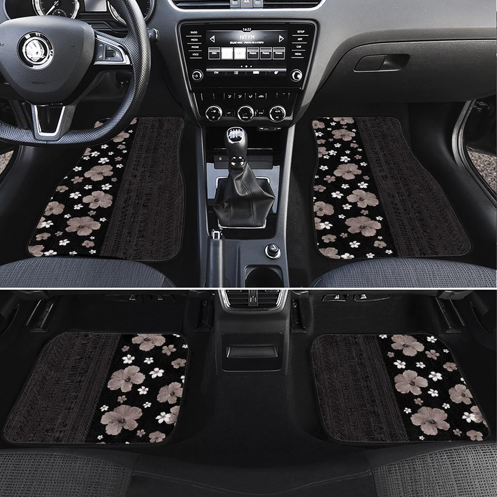 Hawaii Hibiscus and Plumeria Flowers Car Mats Tapa Tribal Pattern Half Style Grayscale Mode