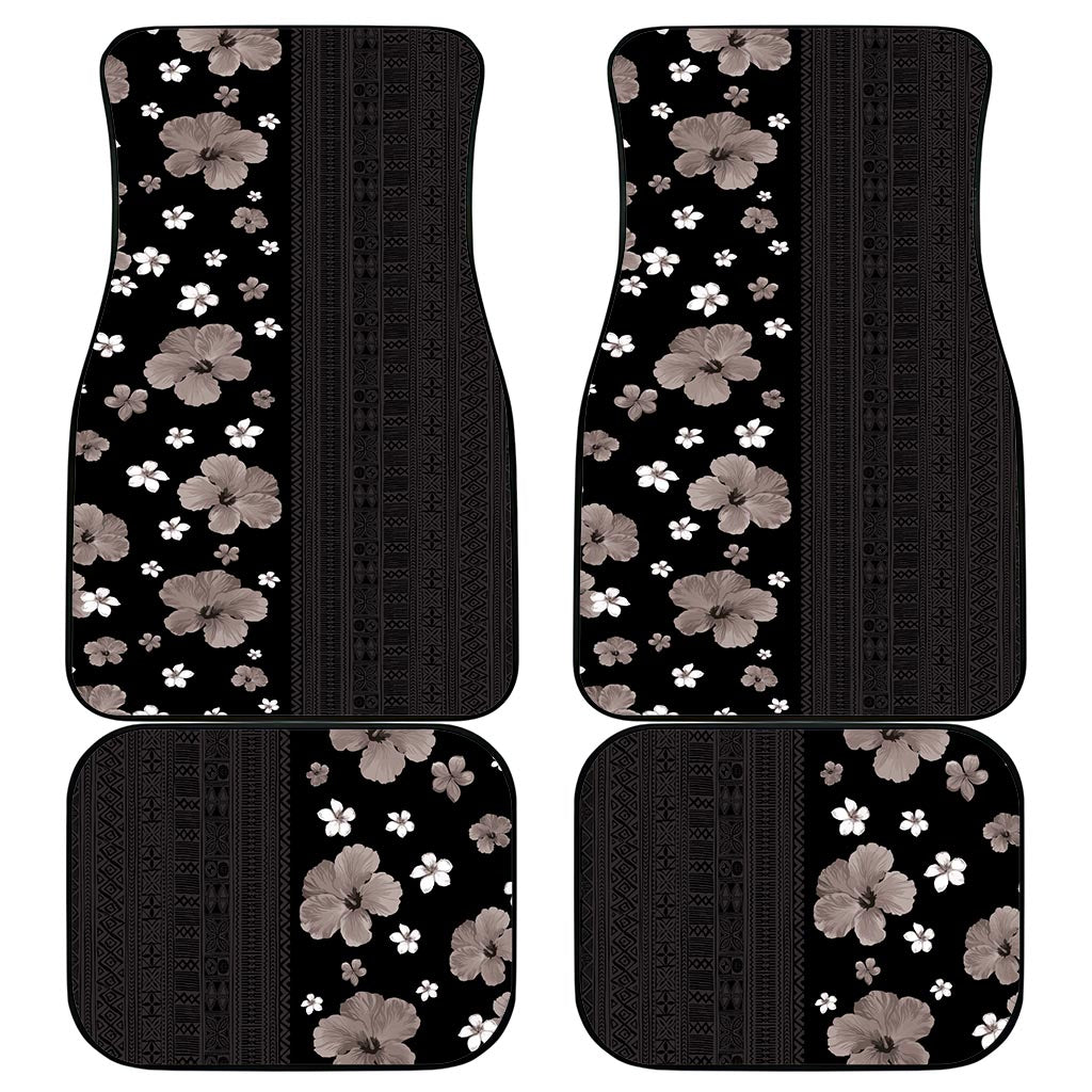 Hawaii Hibiscus and Plumeria Flowers Car Mats Tapa Tribal Pattern Half Style Grayscale Mode