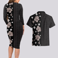Hawaii Hibiscus and Plumeria Flowers Couples Matching Long Sleeve Bodycon Dress and Hawaiian Shirt Tapa Tribal Pattern Half Style Grayscale Mode