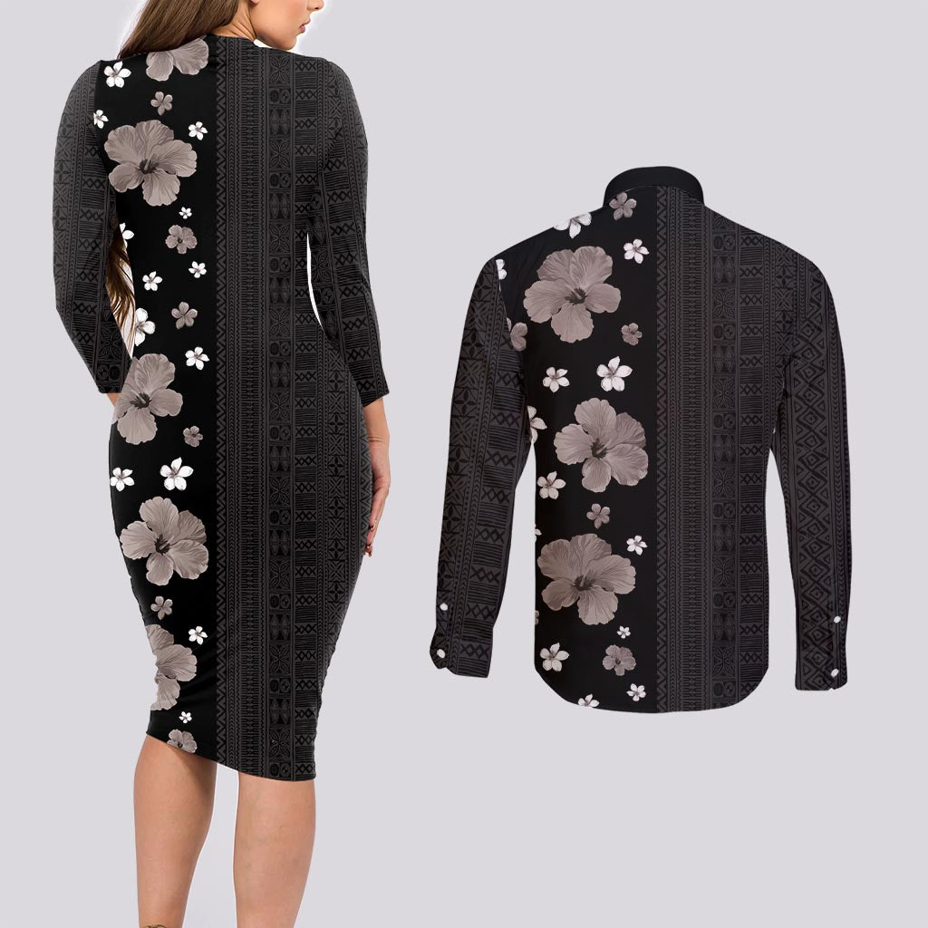 Hawaii Hibiscus and Plumeria Flowers Couples Matching Long Sleeve Bodycon Dress and Long Sleeve Button Shirt Tapa Tribal Pattern Half Style Grayscale Mode