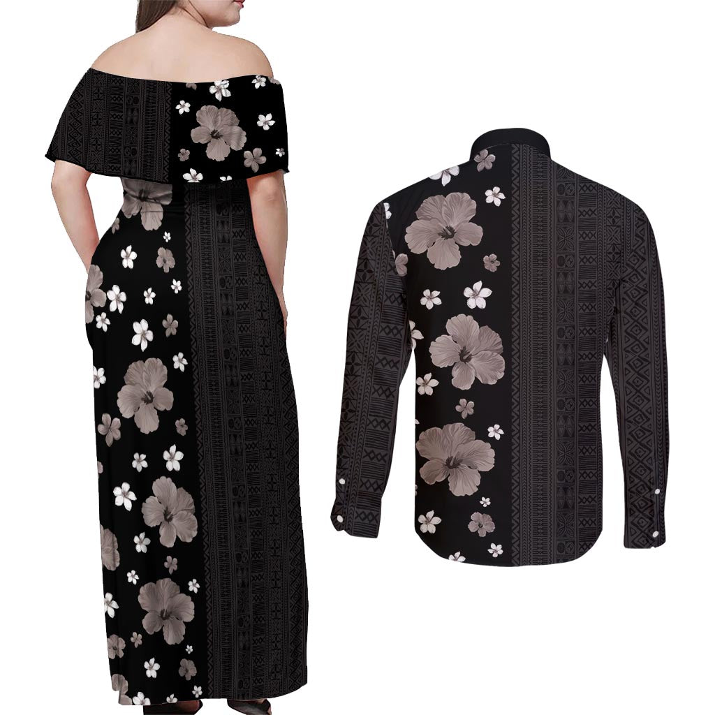 Hawaii Hibiscus and Plumeria Flowers Couples Matching Off Shoulder Maxi Dress and Long Sleeve Button Shirt Tapa Tribal Pattern Half Style Grayscale Mode