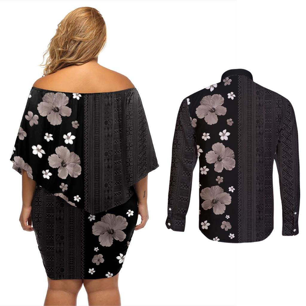 Hawaii Hibiscus and Plumeria Flowers Couples Matching Off Shoulder Short Dress and Long Sleeve Button Shirt Tapa Tribal Pattern Half Style Grayscale Mode