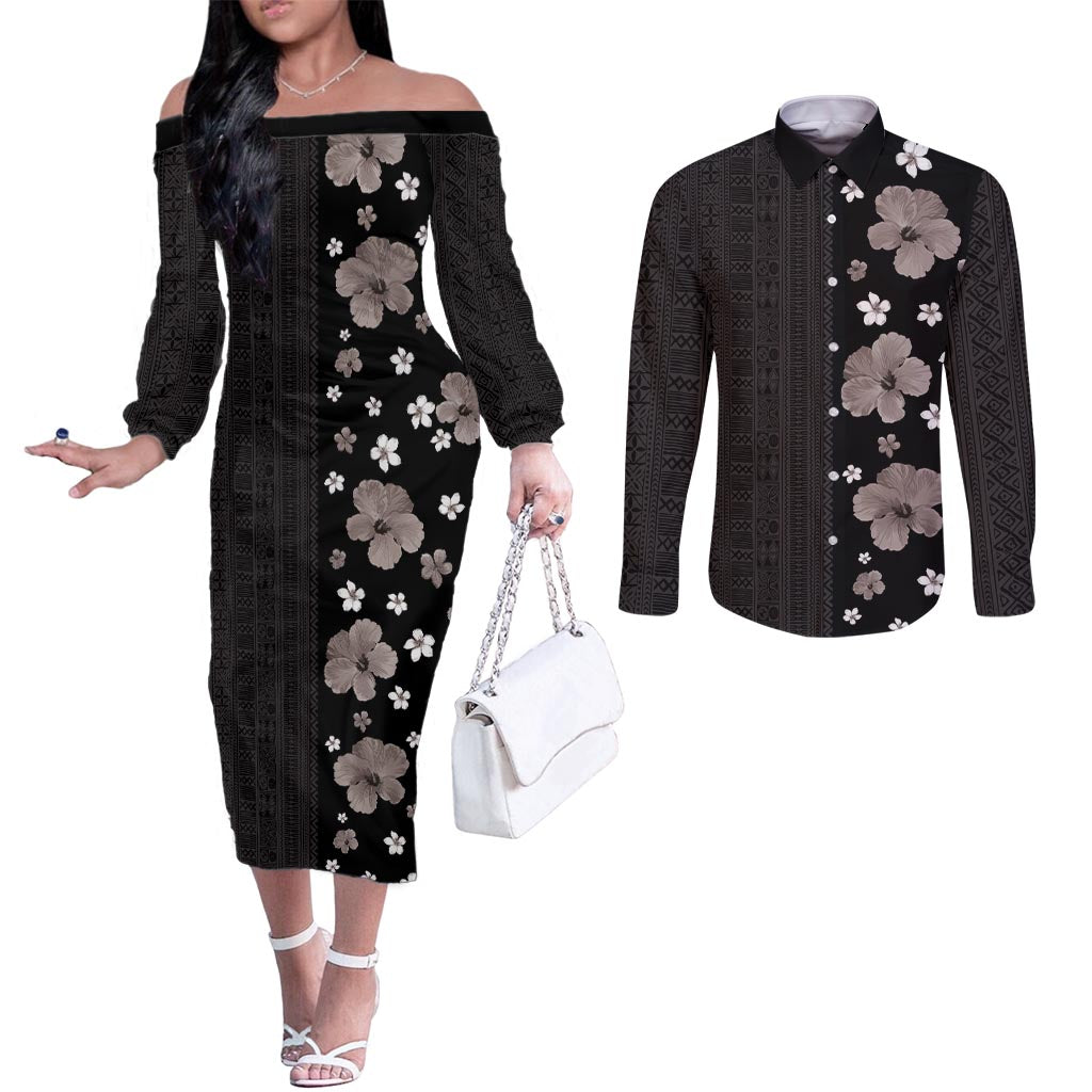 Hawaii Hibiscus and Plumeria Flowers Couples Matching Off The Shoulder Long Sleeve Dress and Long Sleeve Button Shirt Tapa Tribal Pattern Half Style Grayscale Mode