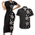 Hawaii Hibiscus and Plumeria Flowers Couples Matching Short Sleeve Bodycon Dress and Hawaiian Shirt Tapa Tribal Pattern Half Style Grayscale Mode