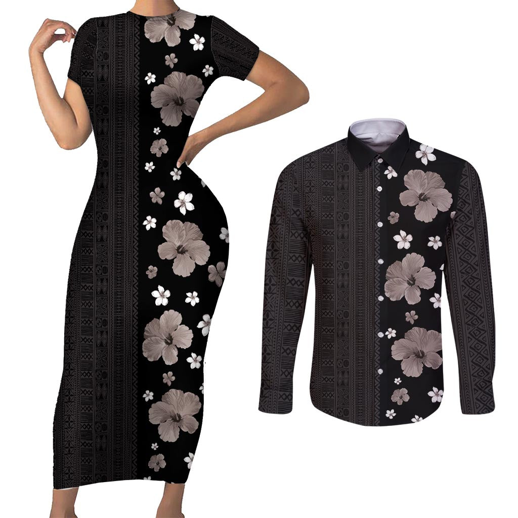 Hawaii Hibiscus and Plumeria Flowers Couples Matching Short Sleeve Bodycon Dress and Long Sleeve Button Shirt Tapa Tribal Pattern Half Style Grayscale Mode LT03 Black - Polynesian Pride