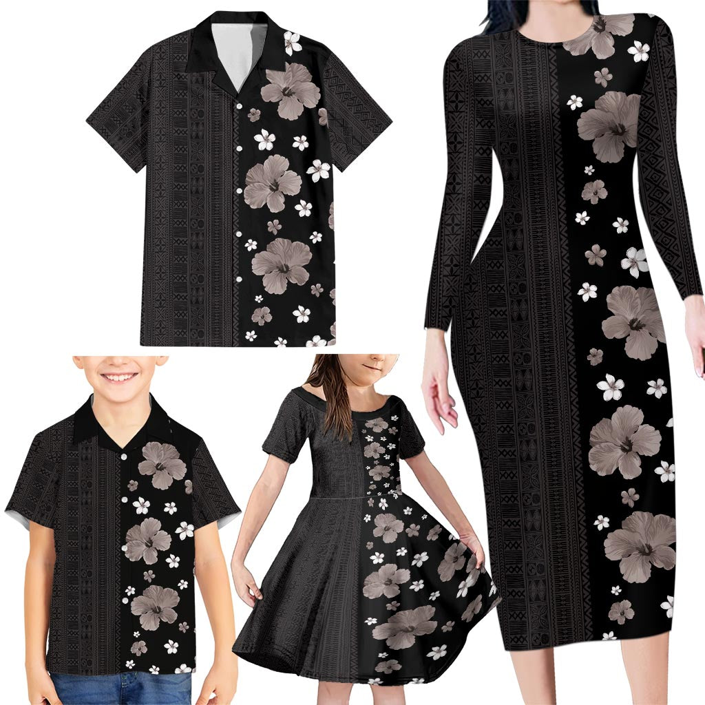 Hawaii Hibiscus and Plumeria Flowers Family Matching Long Sleeve Bodycon Dress and Hawaiian Shirt Tapa Tribal Pattern Half Style Grayscale Mode